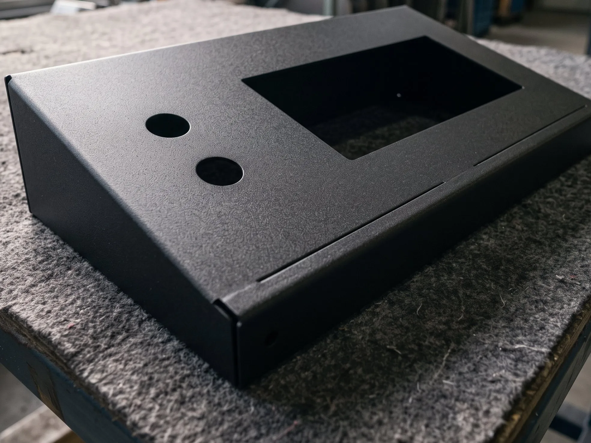 Console de chapa com tampo inclinado, pintado em preto com acabamento microtexturizado fosco